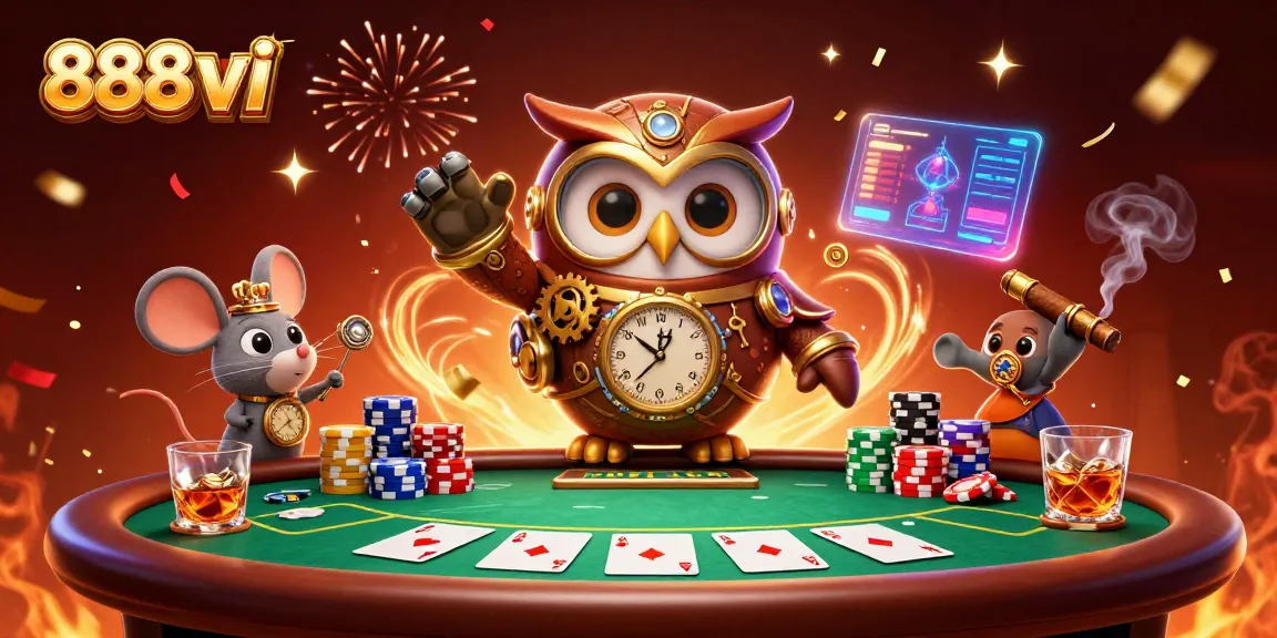Experience the thrill of 888vi with a vibrant 3D illustration of a casino adventure featuring an owl and poker elements.