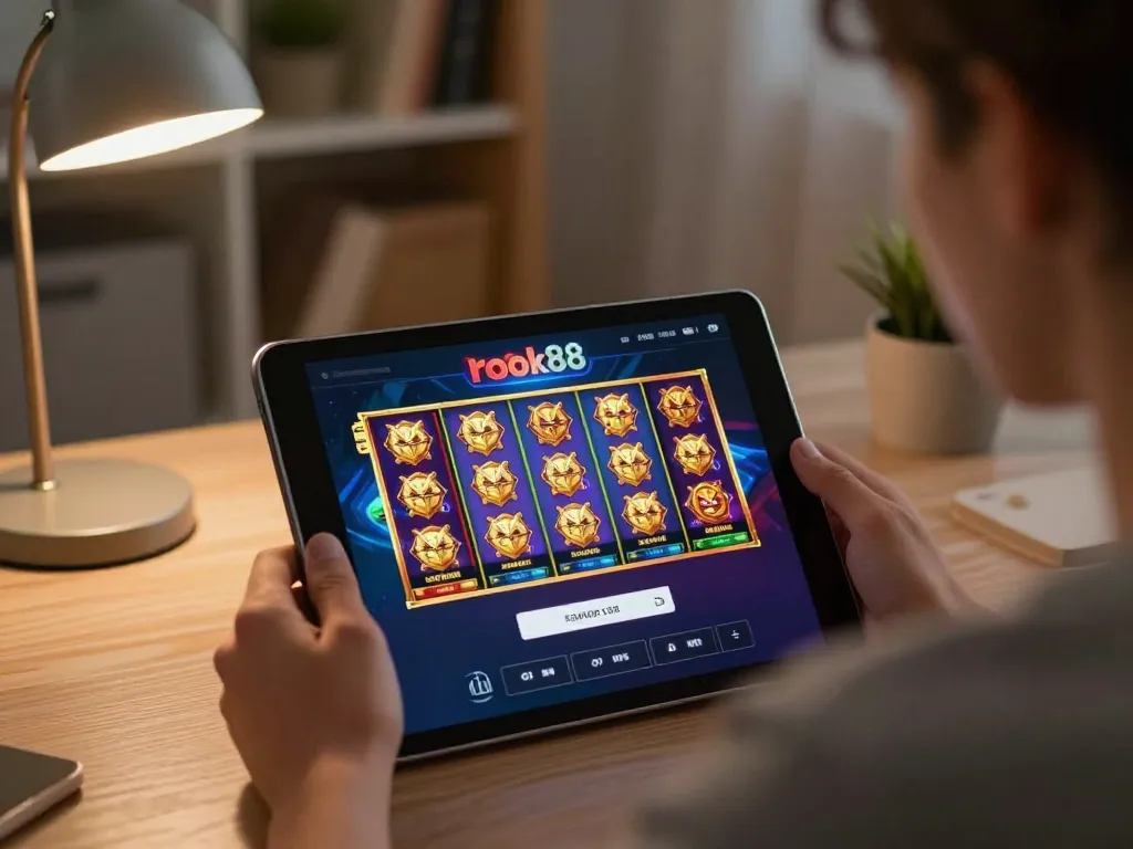 Berinteraksi dengan login rokok88 slot di tablet, menampilkan grafik permainan slot yang cerah.