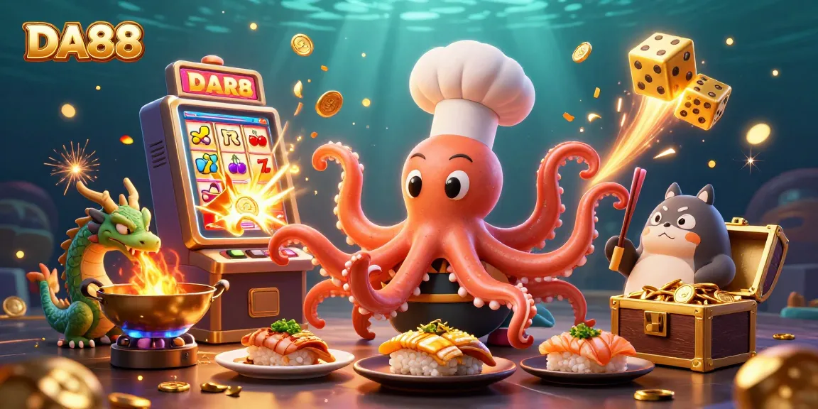 DA88 slot machine jackpot scene with sushi chef octopus and dragon, vibrant casino action