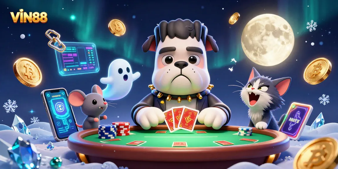 Play poker with VIN88 as a fun, spooky scene featuring monsters and crypto elements.