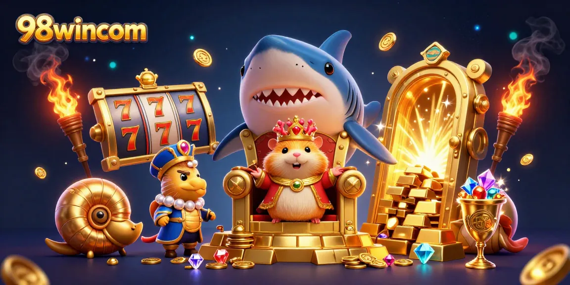 Experience thrilling gameplay at 98wincom with golden treasures and slot reels in a whimsical scene.