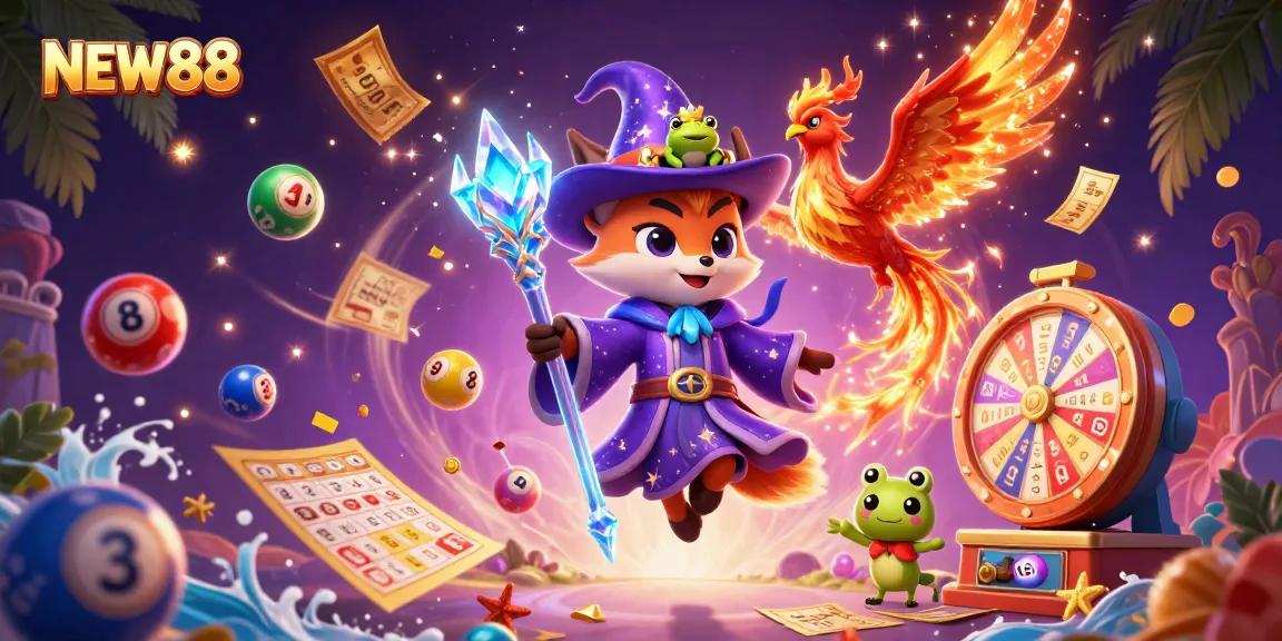 Experience thrilling gaming at NEW88 with a dynamic fantasy scene featuring a wizard fox, phoenix, and magical game elements.