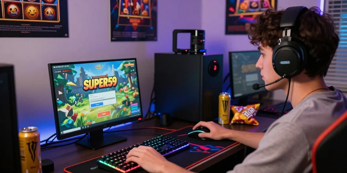 Menampilkan pemain fokus pada layar login SUPER59 untuk permainan slot online, dikelilingi peralatan gaming modern.