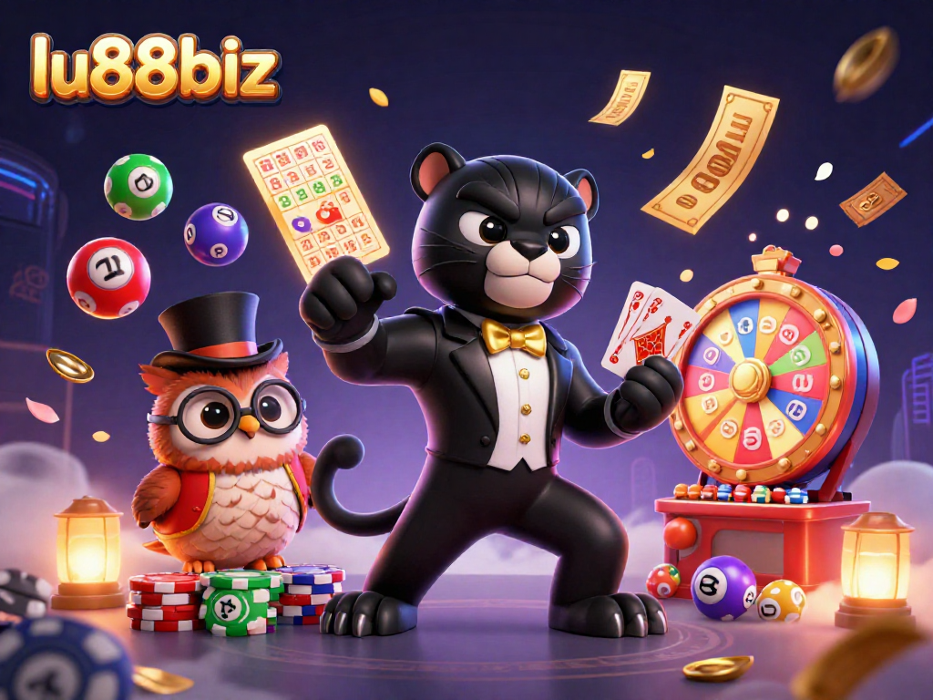 Engage in thrilling games with lu88biz, featuring a stylish panther and his whimsical friends in a vibrant gambling scene.
