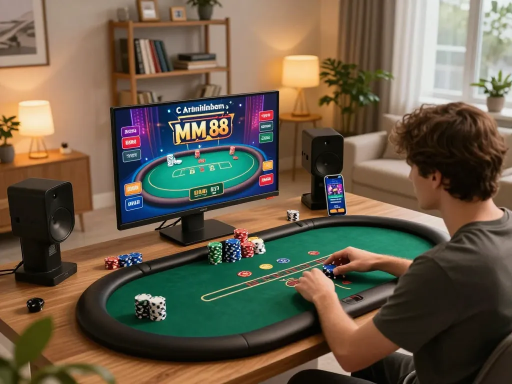 Player enjoying MM 88 online poker at home with colorful chips and warm lighting.