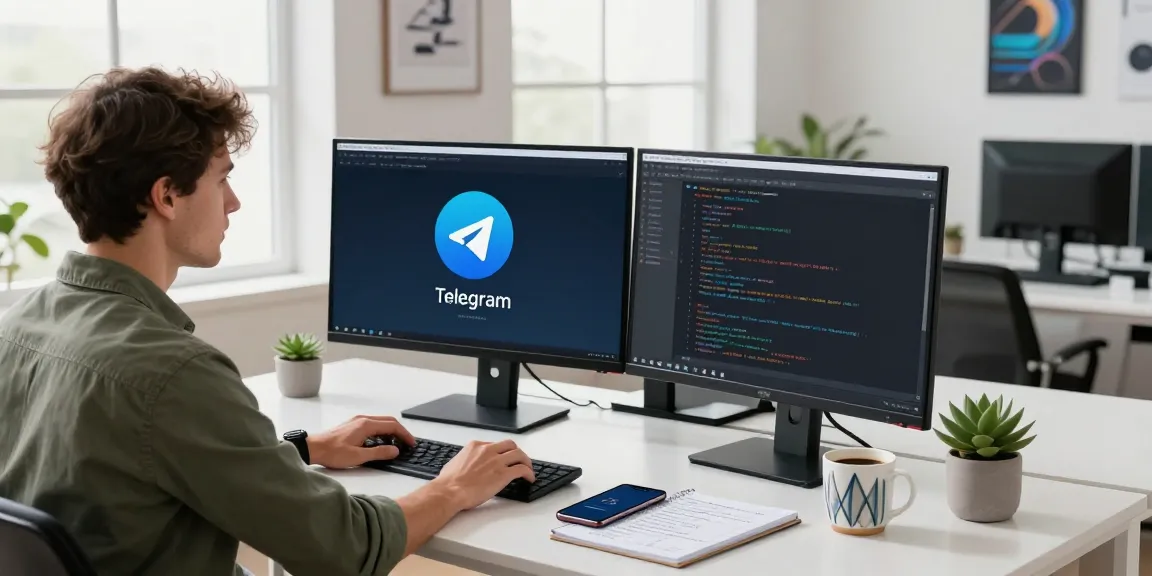 Engaging workspace highlighting Telegram Download features on dual monitors, showcasing a modern tech environment.