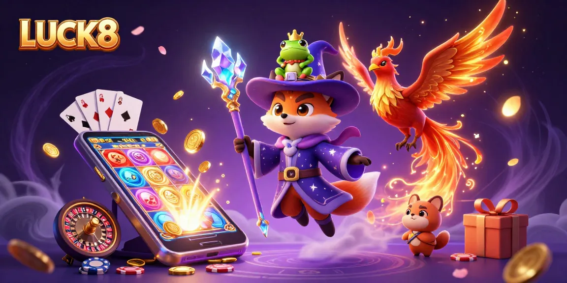 LUCK8 players spin vibrant slots and win golden coins in a magical casino scene.