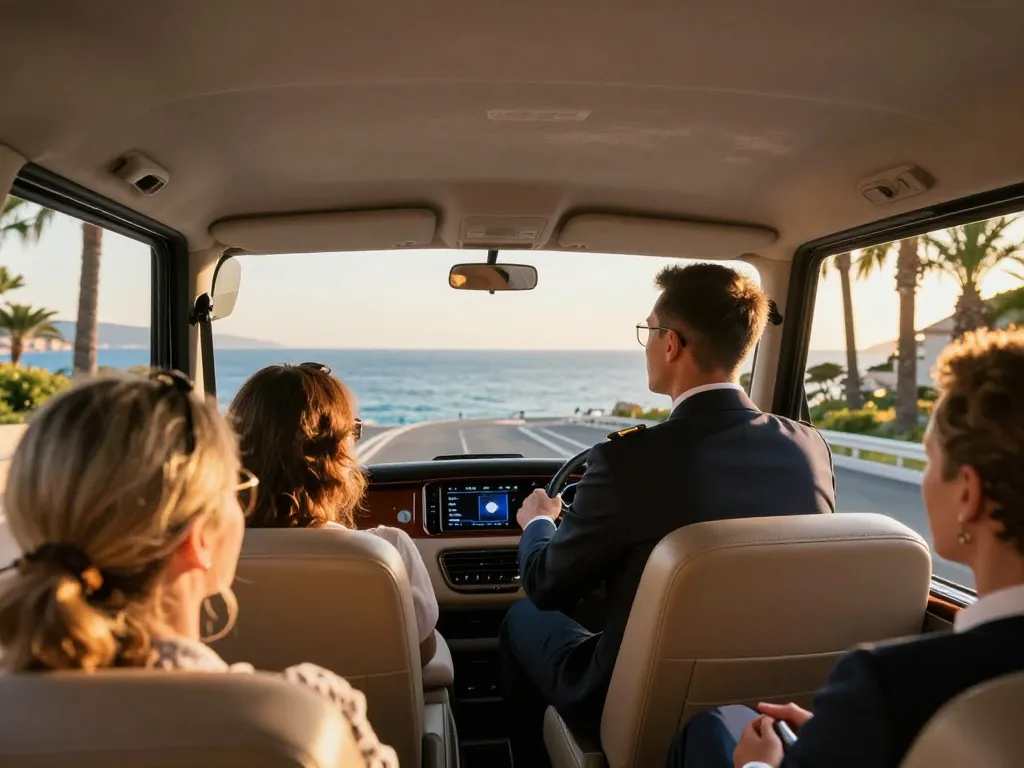 Passagers du taxi Saint Tropez profitant d'une balade luxueuse avec des vues pittoresques.