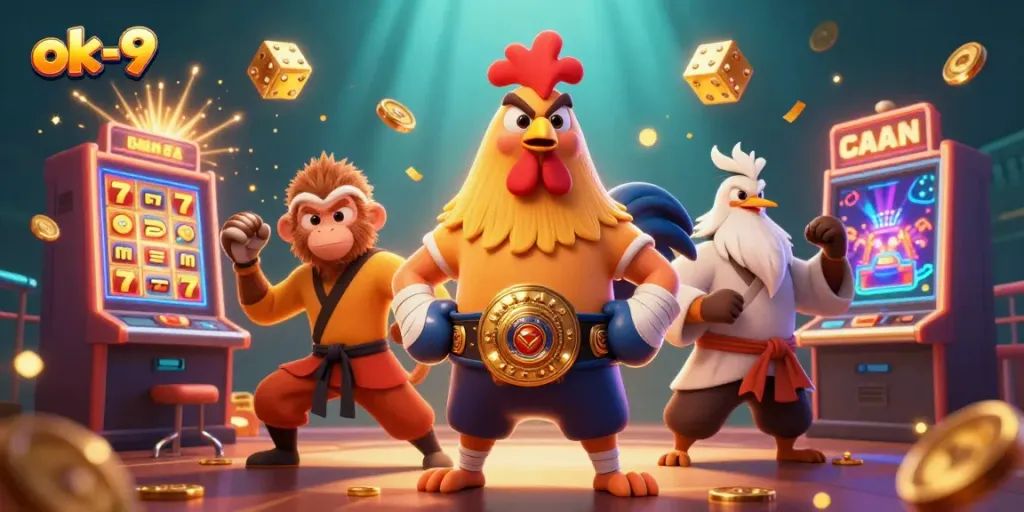 Spin and win big with ok-9 in a dazzling casino scene featuring vibrant winning symbols and playful characters.