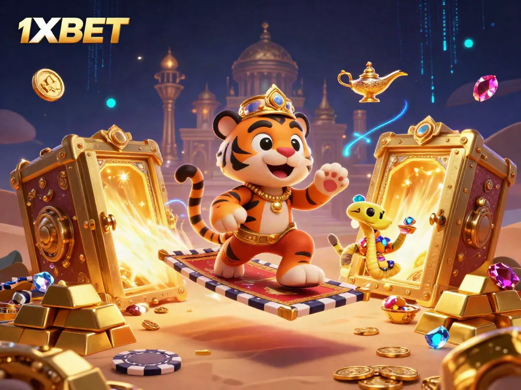 Experience fast betting with 1XBET, featuring animated scenes of the tiger sultan and treasures.