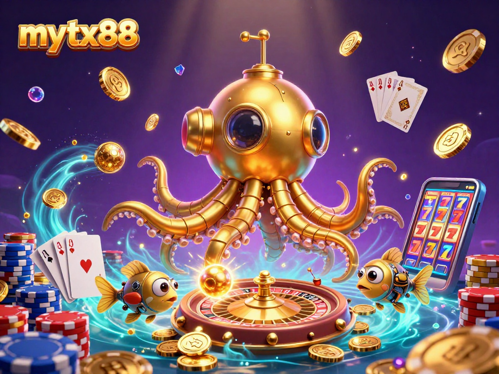 Experience the thrilling underwater adventure of mytx88 with a golden kraken submarine and dynamic casino elements.