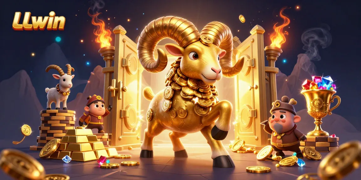 Experience the excitement of LLwin with a golden ram charging through a vibrant casino universe.