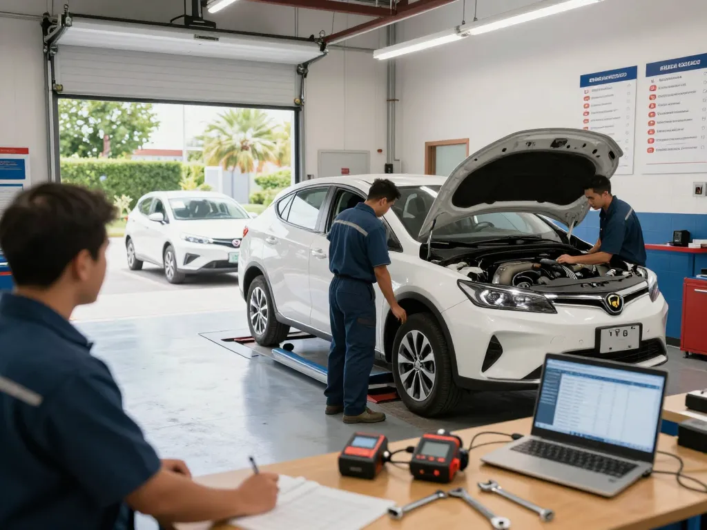 Vehicle inspection Lyft conducted by mechanics checking a car at a service center.