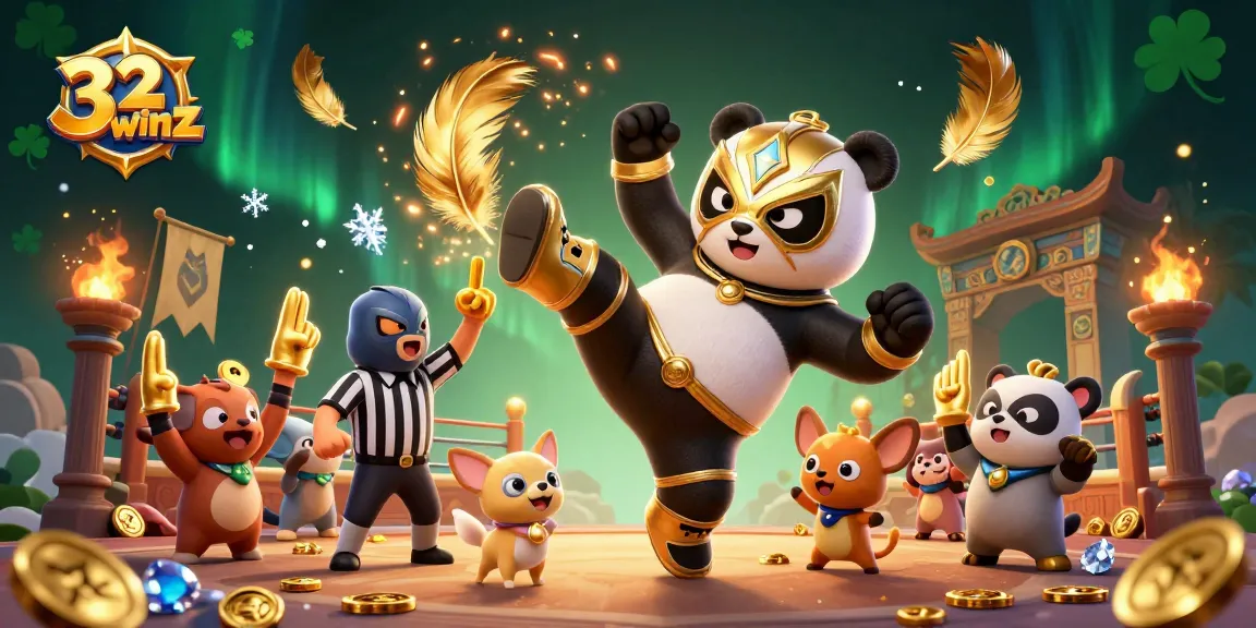 Experience the thrill of 32winz with a dynamic casino battle featuring a panda wrestler and animal fans.