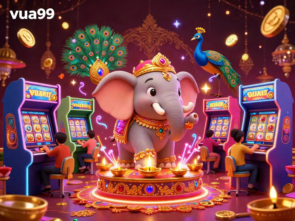 Engage with exciting slots at vua99, showcasing vibrant 3D casino elements and festive characters.