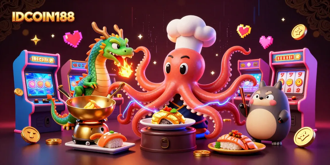 Engage with IDCOIN188 through an exciting illustration of a sushi chef octopus and friends in a vibrant arcade.