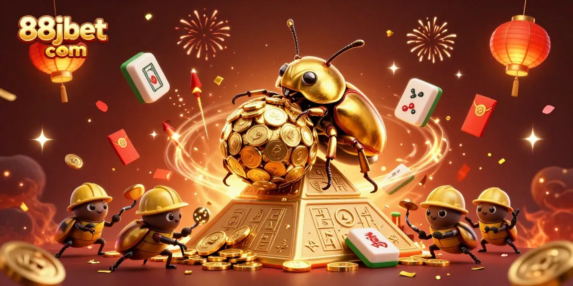 Join the fun at 88jbet com with a massive 3D golden beetle and gaming symbols.