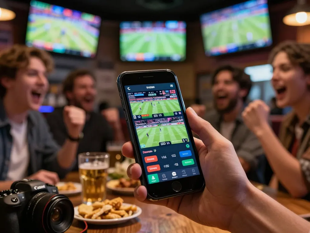Excited fans engaging with the SC88 Gold sports betting app in a lively bar atmosphere.