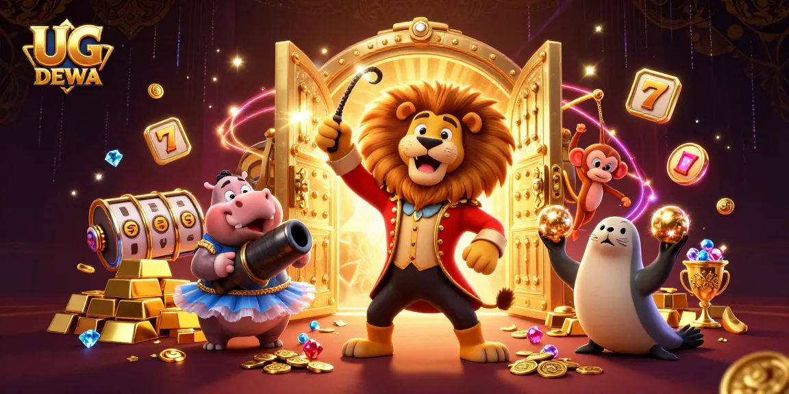 Experience the excitement of UG DEWA with a dynamic scene featuring lively cartoon characters and slot game elements.