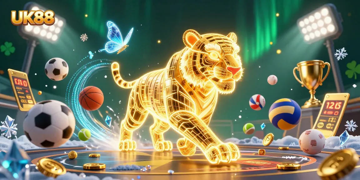 Engaging scene highlighting UK88’s dynamic casino environment with a glowing tiger amidst vibrant gaming elements.