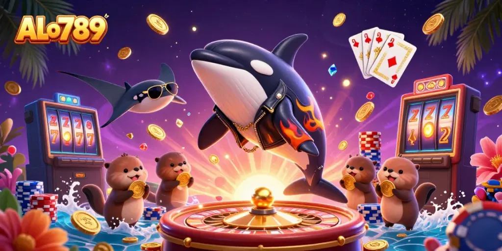 Experience thrilling ALo789 betting with dynamic characters and casino elements in an engaging scene.