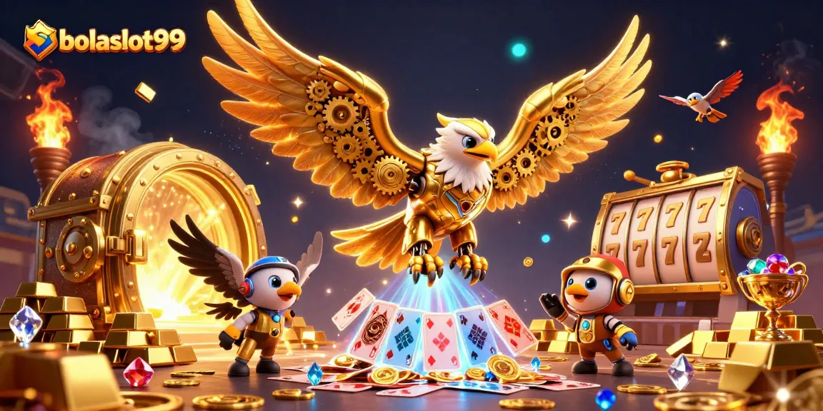 Experience the thrill of bolaslot99 with a dazzling 3D illustration of a golden eagle amidst vibrant casino elements.