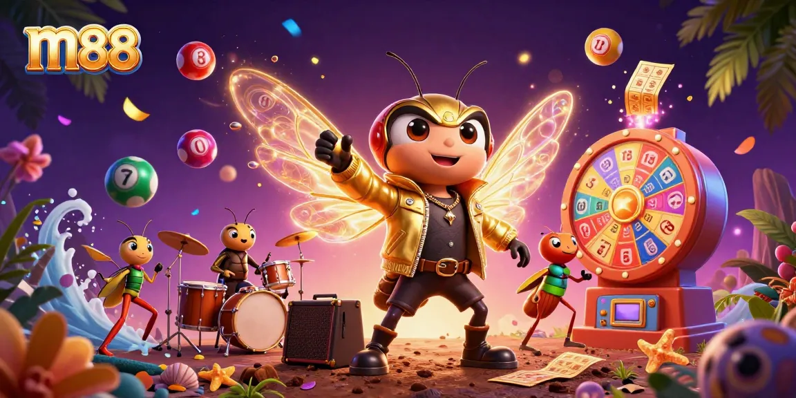 Experience m88 with a vibrant scene of a cicada rock star and lottery elements celebrating casino joy.
