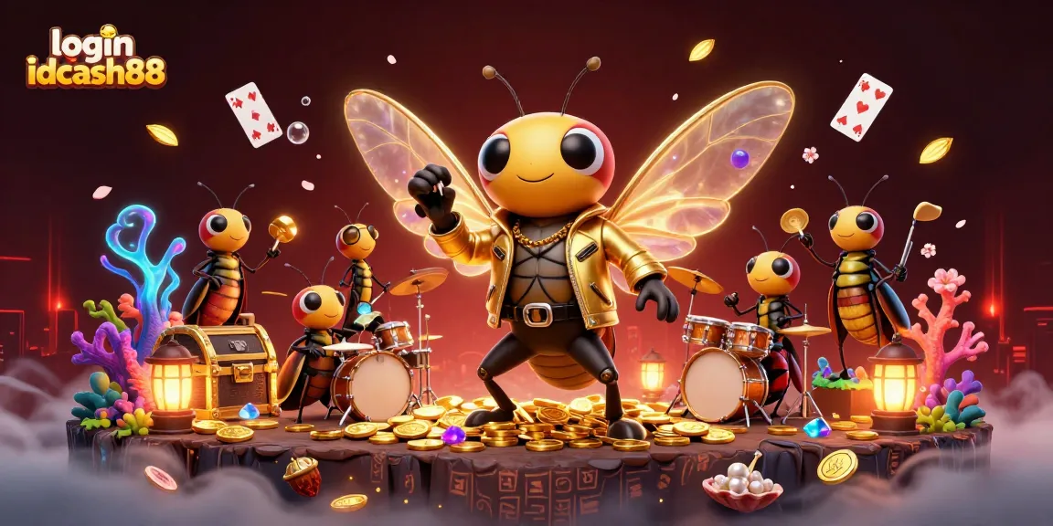 Experience thrilling action at login idcash88 as a cicada rock star takes center stage in this vibrant casino scene.