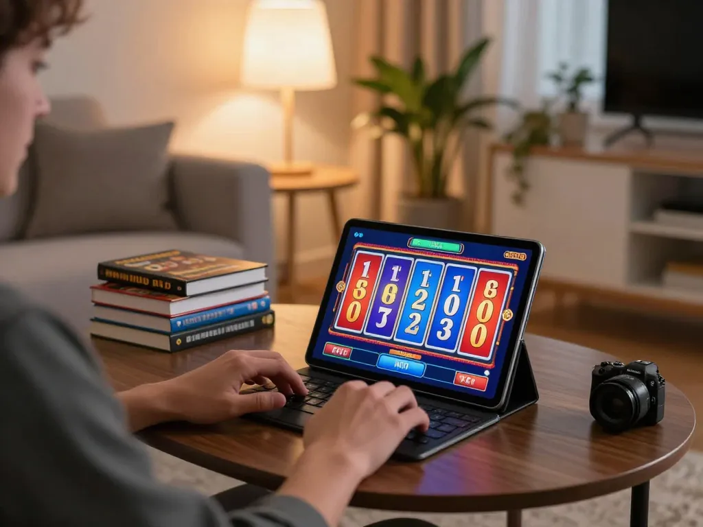 Pemain yang terlibat menikmati pengalaman slot online dinamis dengan Bintangmpo di rumah yang nyaman