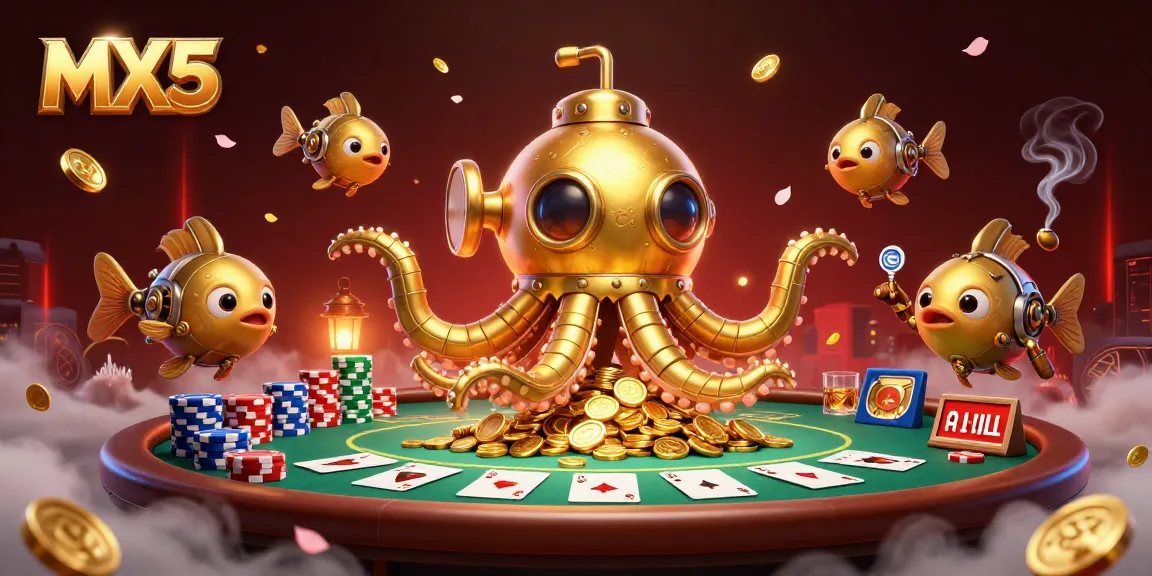 Experience the thrill of MX5 with immersive gaming scenes featuring dynamic poker elements and gold coins.