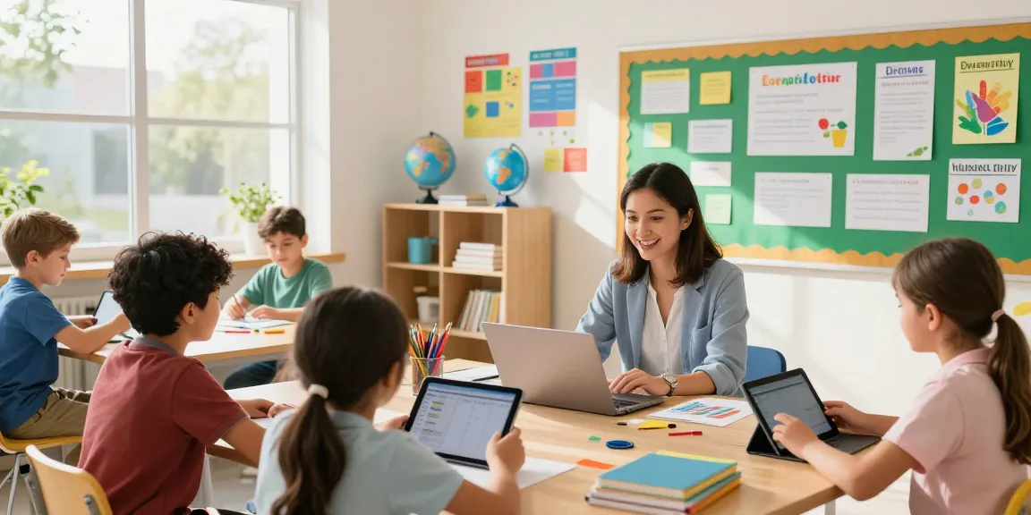Dynamic classroom scene highlighting EMStudio as an online teacher planner, enhancing learning environment with engaged students.
