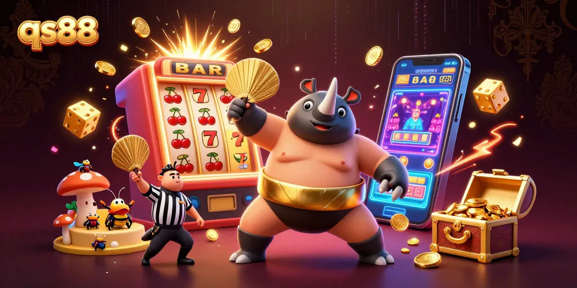 qs88 showcases a vibrant 3D scene with a beetle champion amid casino excitement, celebrating wins.