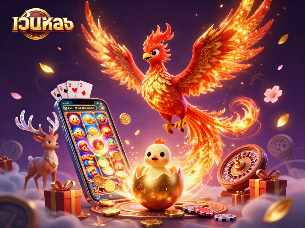 Engage with เว็บตรง featuring dynamic 3D characters and exciting casino game elements in vibrant illustration