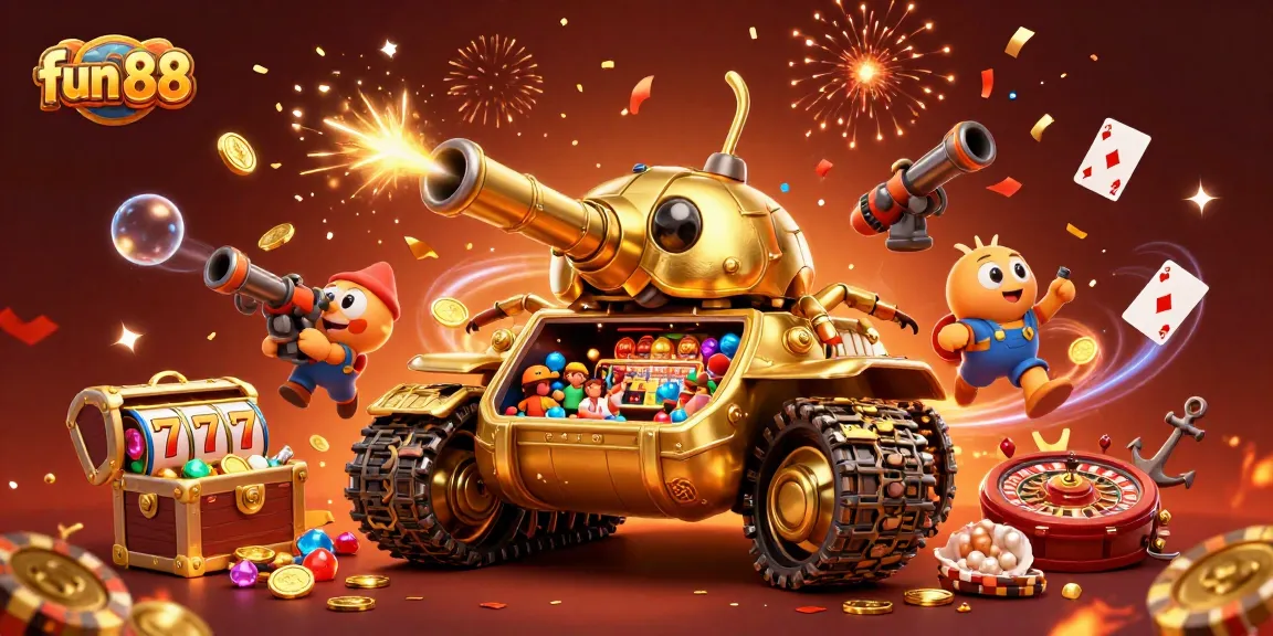 Engage with fun 88 at a vibrant 3D casino scene showcasing a golden tank design and dynamic gameplay elements.