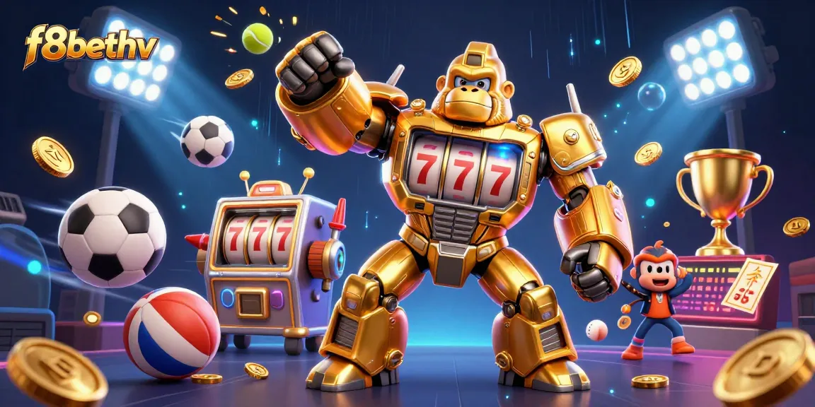 Engage with f8bethv through a dynamic 3D casino illustration featuring an energetic golden gorilla mech!