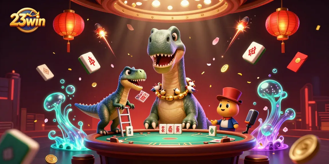 Experience 23win's vibrant gaming scene with a tall brontosaurus at a casino table.