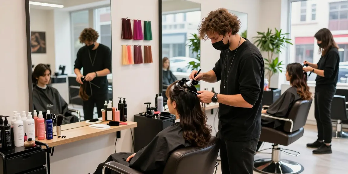 Hairstylist demonstrating a hair style trend in a modern salon, showcasing vibrant hair colors and styling tools.
