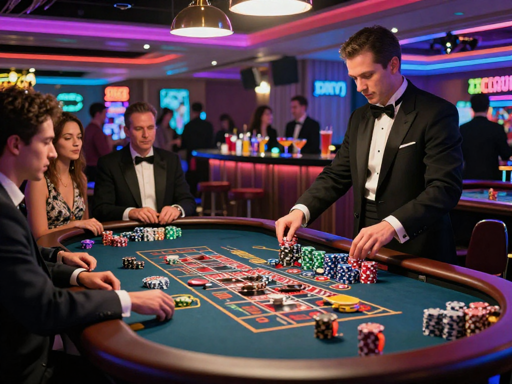 Giocatori felici al tavolo della roulette in un casinò non AAMS sicuri, emozione e divertimento.