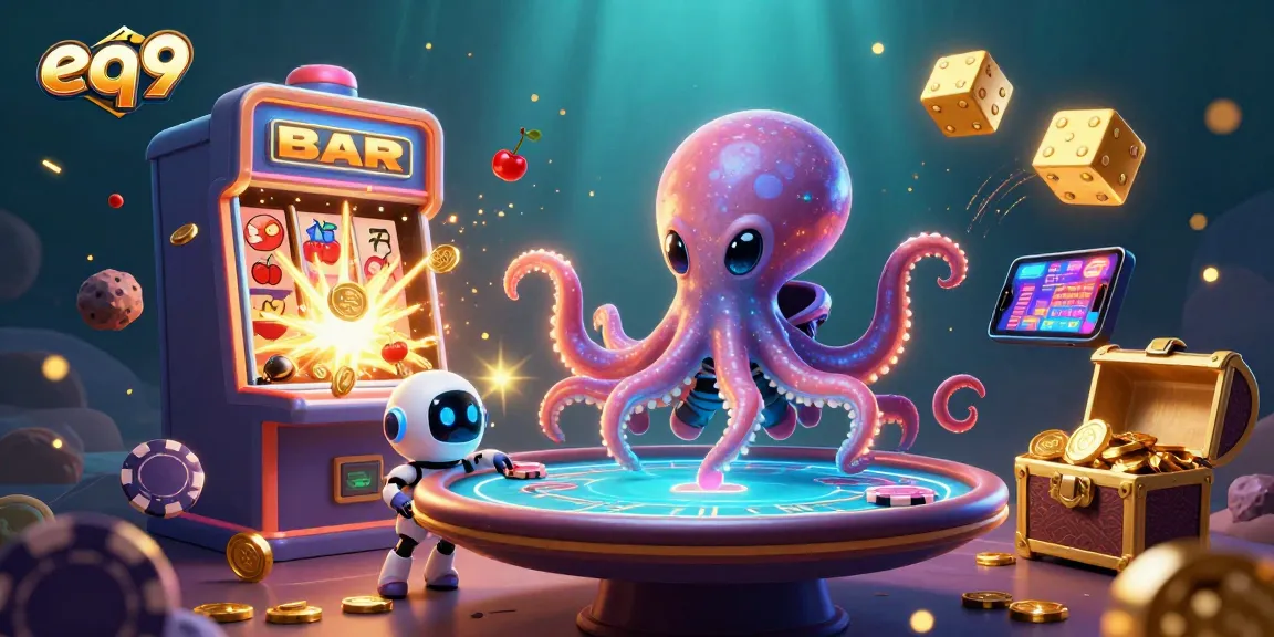Experience thrilling gaming at eq9 with an alien octopus managing a vibrant holographic poker table.