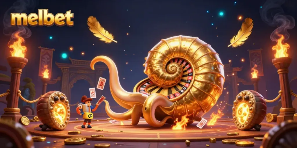 Engage with melbet's thrilling atmosphere featuring a giant nautilus roulette, cards, and golden elements.