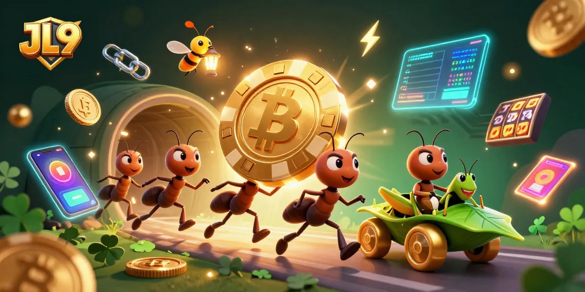 JL9 showcases a lively scene with ants carrying a giant poker chip through a tunnel, surrounded by crypto elements