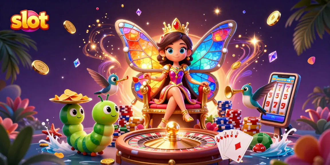 Experience the excitement of slot games in a vibrant 3D casino illustration featuring dynamic characters and rich elements.