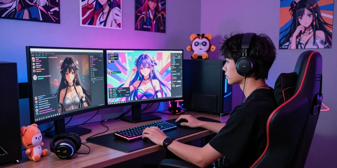 Engaging ai ecchi chat scene featuring a user interacting with a dynamic anime character on dual screens in a vibrant gaming setup.