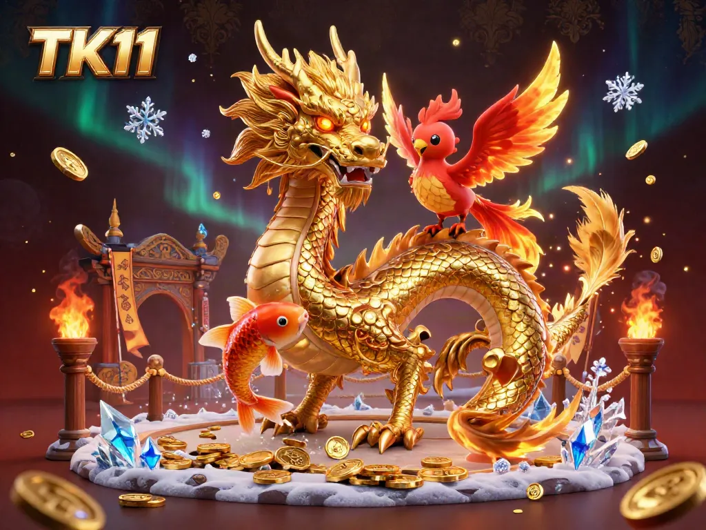 Experience thrilling TK11 gaming with a golden dragon, phoenix, and koi fish amidst stunning casino elements.