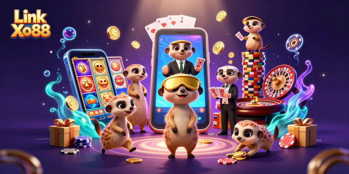 Experience thrilling gameplay at Link Xo88 with meerkats managing a vibrant casino scene full of fun.