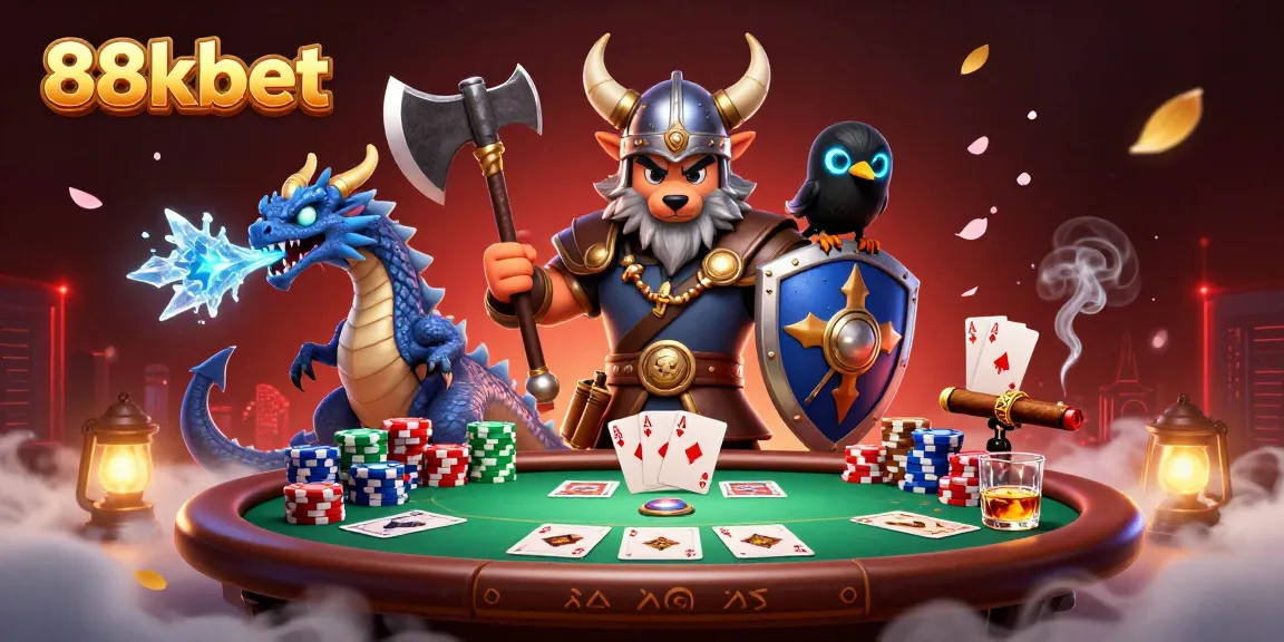Engage with thrilling poker action at 88kbet, featuring a Viking warrior, dragon, and vibrant casino elements.