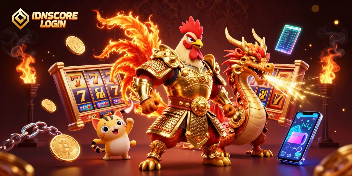 Experience the thrill of IDNSCORE LOGIN with immersive slot reels, golden coins, and vibrant characters!