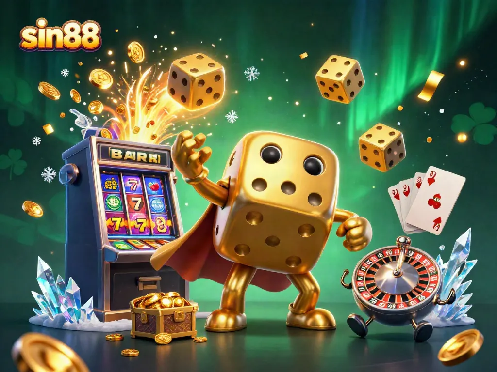Engaging scene of sin88 casino with golden dice golem and dynamic slot machine explosion.