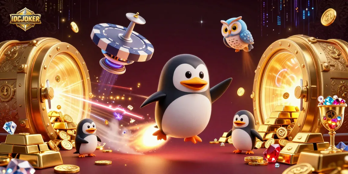 IDCJOKER showcases thrilling gaming with a golden penguin racing towards a jackpot casino space station, filled with treasures.