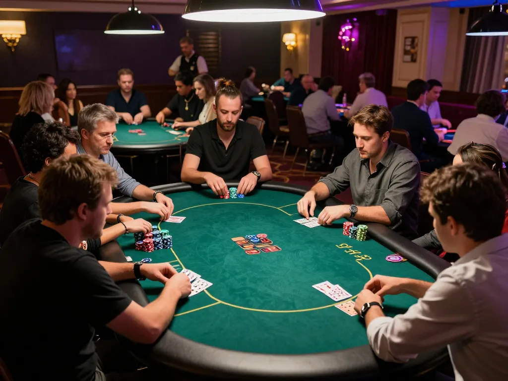 rr88 players engaged in a high-stakes poker game, showcasing strategy and excitement in a luxurious casino setting